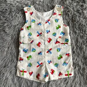 Vintage Buster Brown Shorts Overall White Airplane Train Boat Infant 6-9 Months